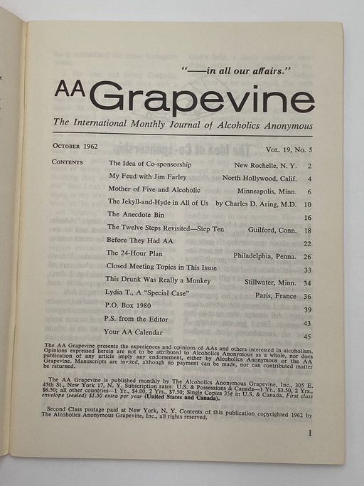 AA Grapevine - The 24 Hour Plan - October 1962 Recovery Collectibles