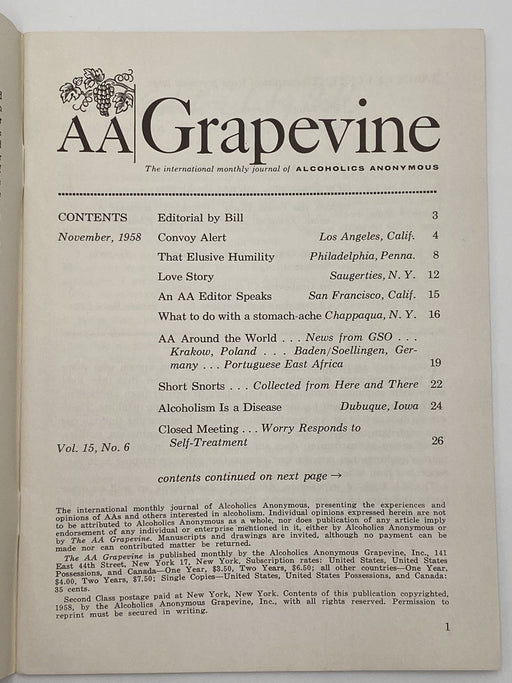 AA Grapevine - Traditions Month - November 1958 Recovery Collectibles
