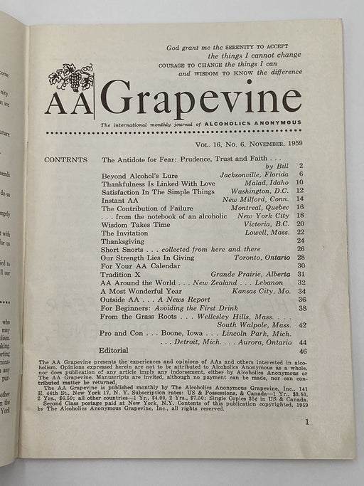 AA Grapevine - Traditions Month - November 1959 Recovery Collectibles