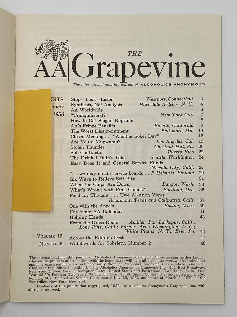 AA Grapevine - Tranquilizers - October 1956 Recovery Collectibles