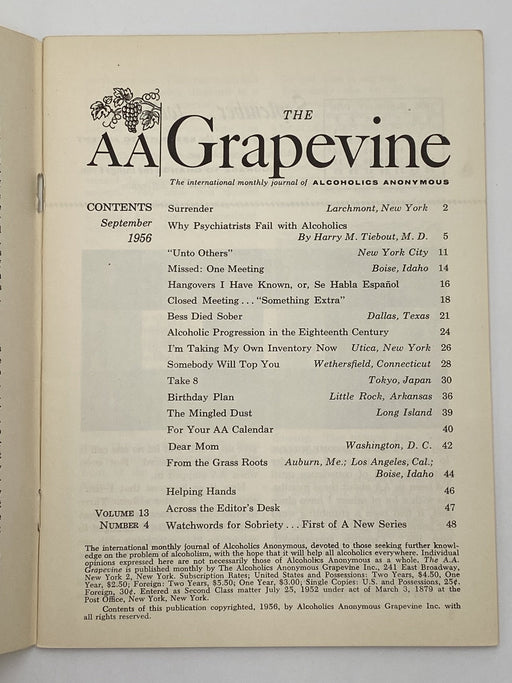 AA Grapevine - Why Psychiatrist Fail With Alcoholics by Harry Tiebout - September 1956 Recovery Collectibles