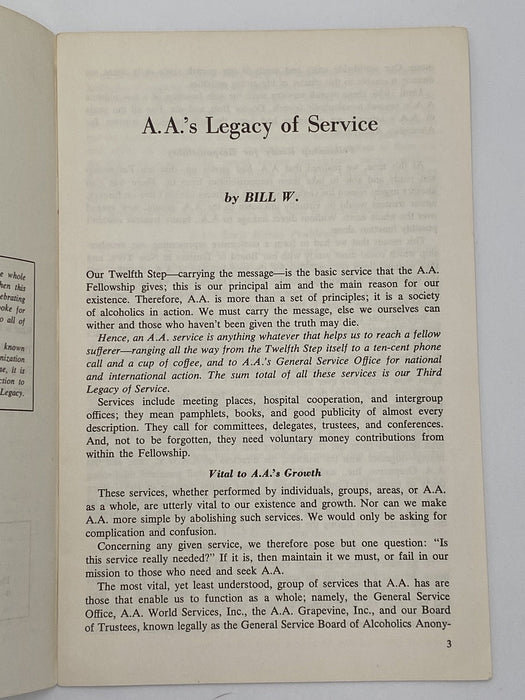 AA’s Legacy of Service by Bill W - 1971 Recovery Collectibles