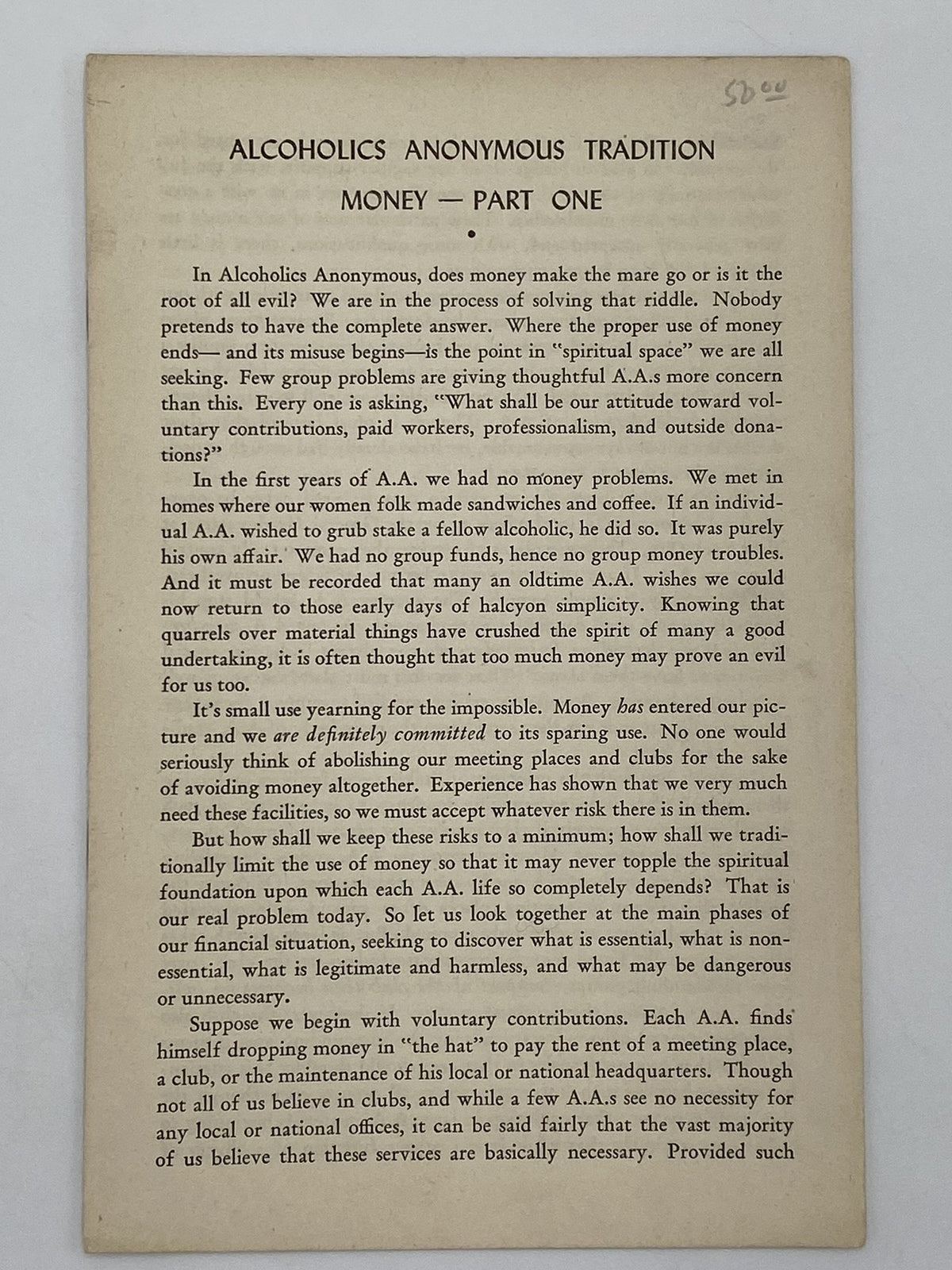 Alcoholics Anonymous Tradition Money - AA Pamphlet — Recovery Collectibles