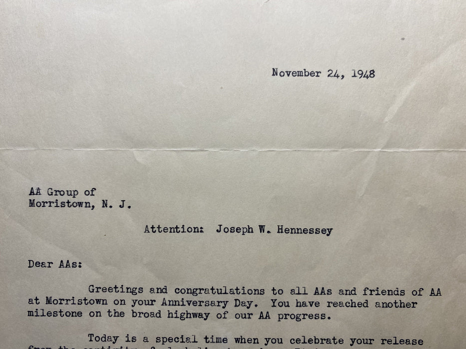Bill Wilson signed letter from 1948 Rex Jarret
