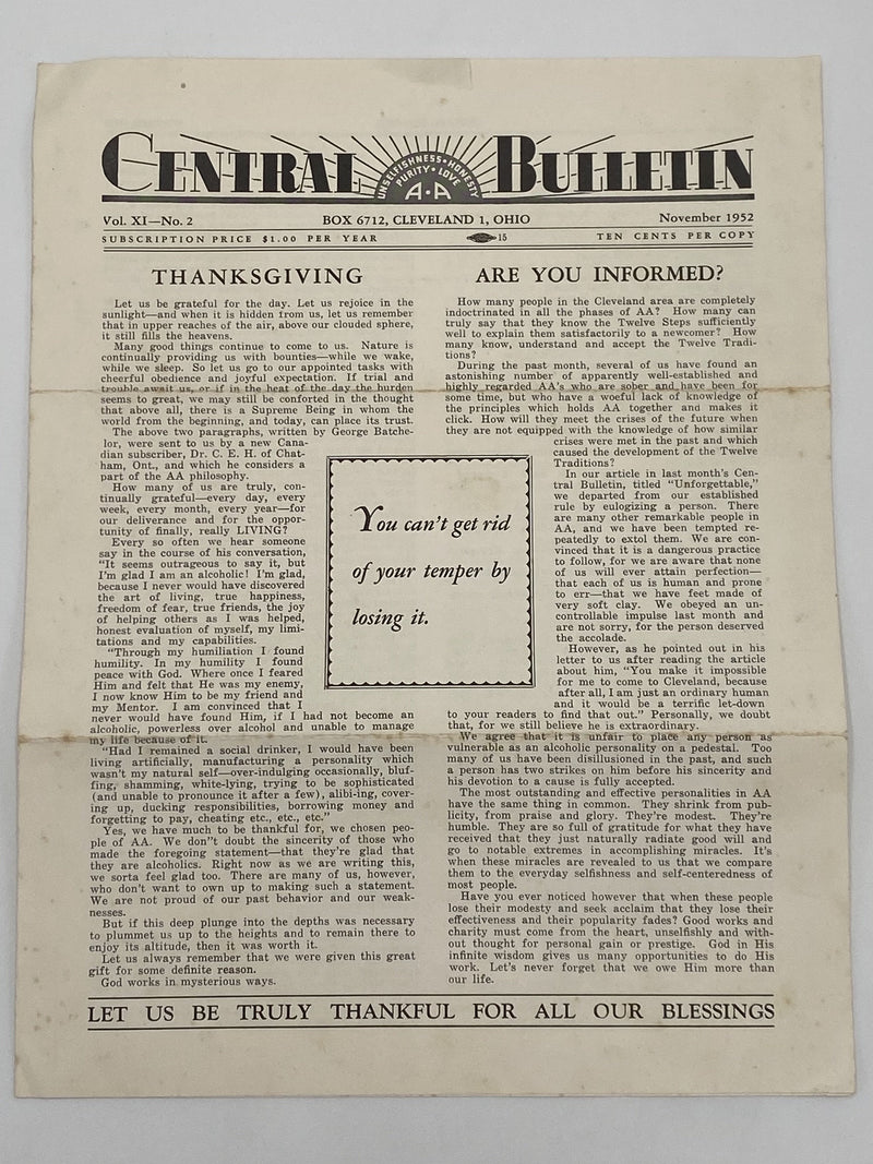 Cleveland Central Bulletin - November 1952 Recovery Collectibles