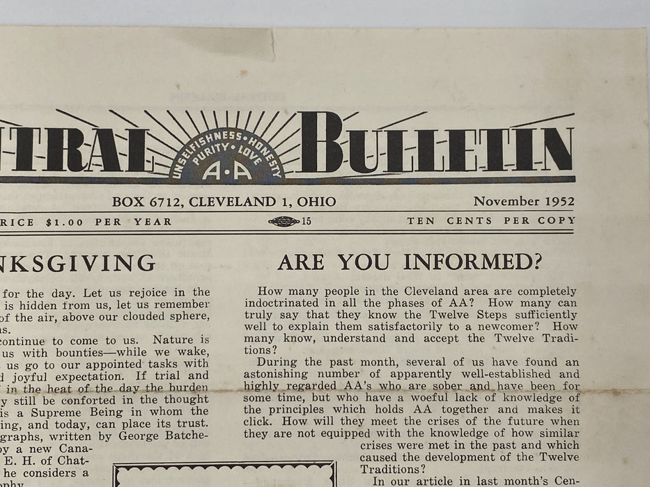 Cleveland Central Bulletin - November 1952 Recovery Collectibles