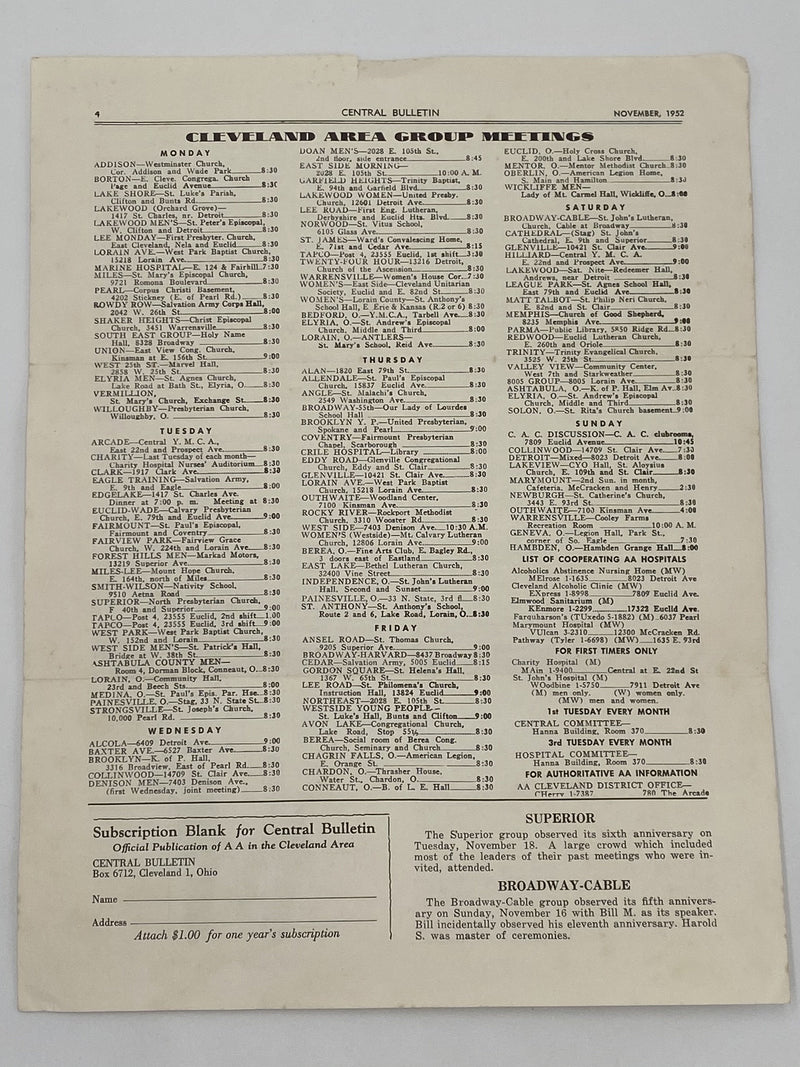 Cleveland Central Bulletin - November 1952 Recovery Collectibles