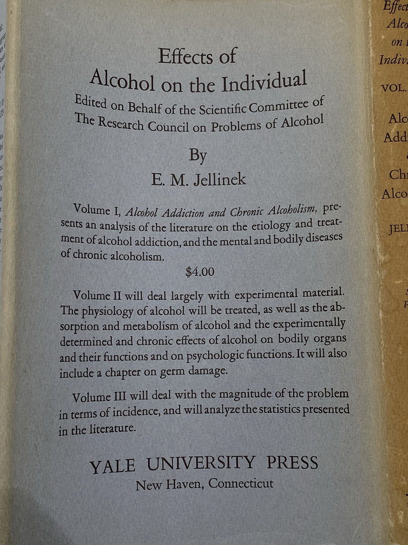 Effects of Alcohol on the Individual by E.M. Jellinek - Volume 1 Recovery Collectibles