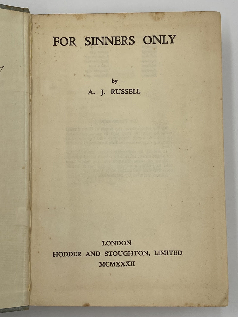 For Sinners Only by A.J. Russell - 9th English Printing 1932 Recovery Collectibles