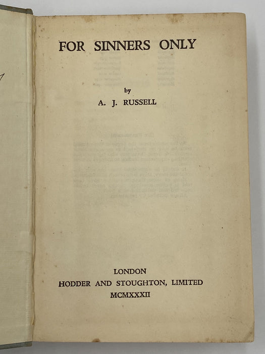 For Sinners Only by A.J. Russell - 9th English Printing 1932 Recovery Collectibles