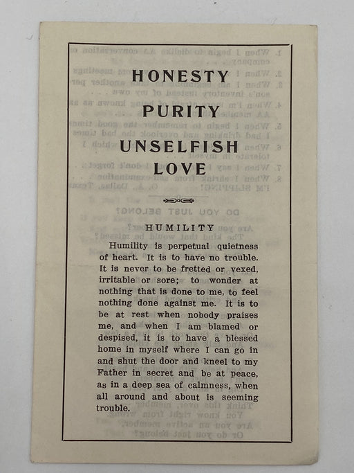Honesty Purity Unselfish Love - Pamphlet Recovery Collectibles