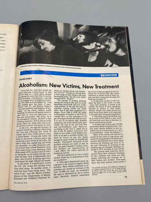 Time Magazine - Alcoholism - April 1974 - Includes 'Alcoholism, New Victims, New Treatments' Recovery Collectibles