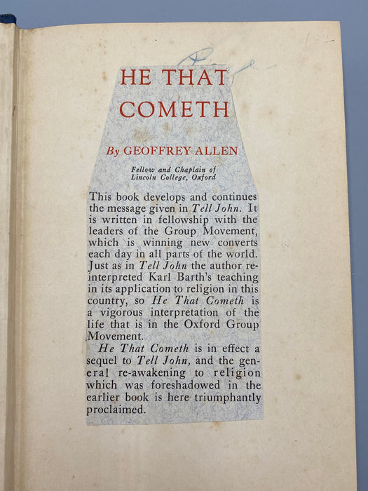 He That Cometh by Geoffrey Allen - 1933 First Edition (US) Recovery Collectibles