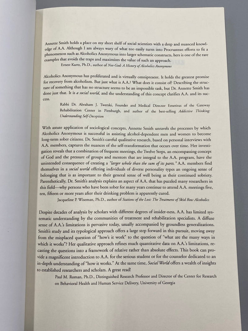 The Social World of Alcoholics Anonymous: How It Works, SIGNED by Annette R. Smith, Ph.D. Recovery Collectibles