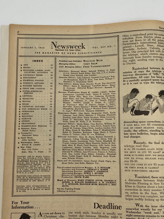 Newsweek By Air - Johns Hopkins - January 1945 Recovery Collectibles