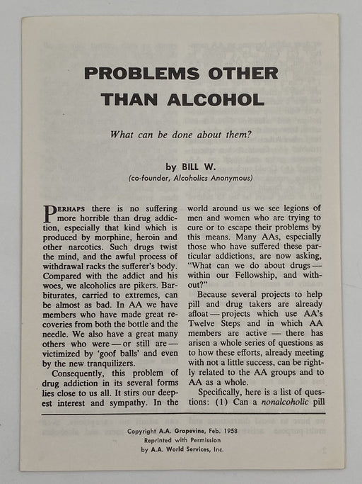 Problems Other Than Alcohol by Bill W. - 1973 Recovery Collectibles