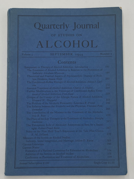 Quarterly Journal of Studies on Alcohol - September 1944 Recovery Collectibles