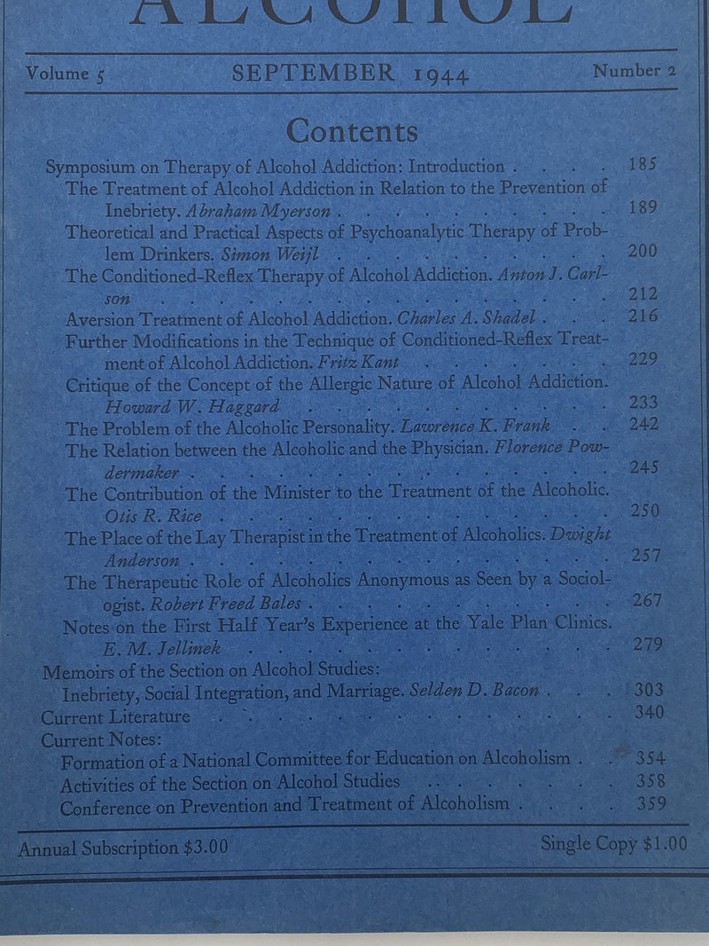 Quarterly Journal of Studies on Alcohol - September 1944 Recovery Collectibles