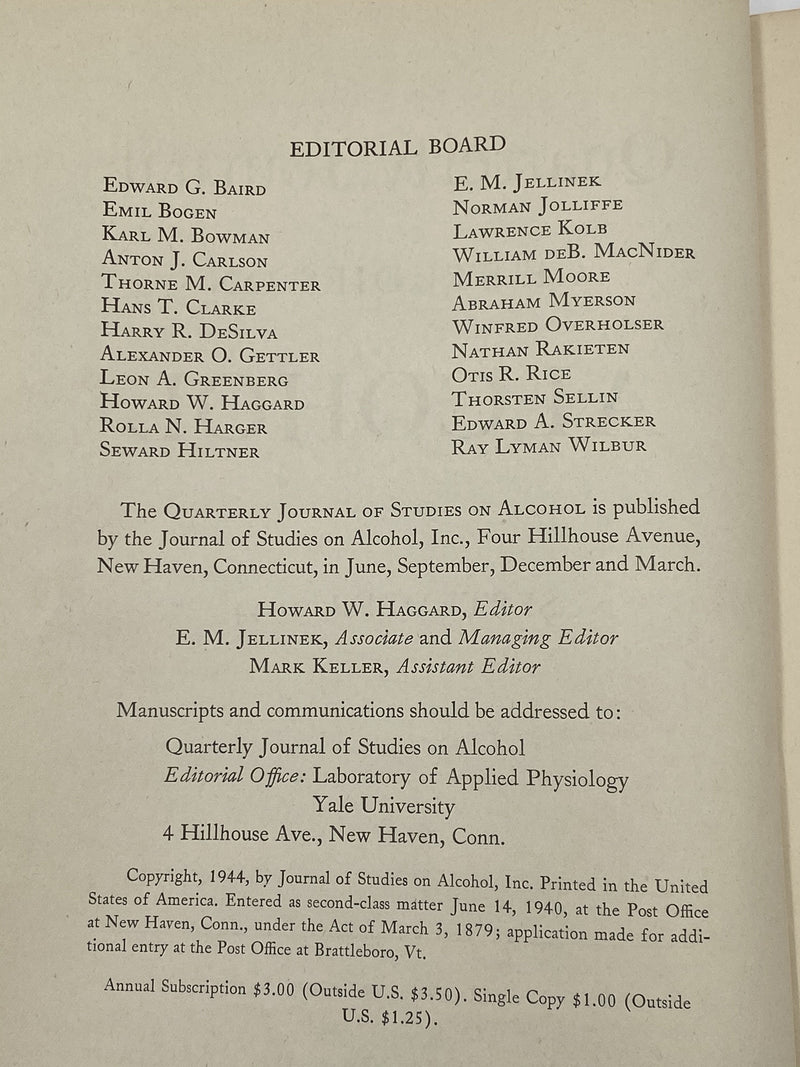 Quarterly Journal of Studies on Alcohol - September 1944 Recovery Collectibles