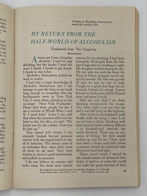 Reader’s Digest - My Return From the Half-World of Alcoholism - January 1946 Recovery Collectibles