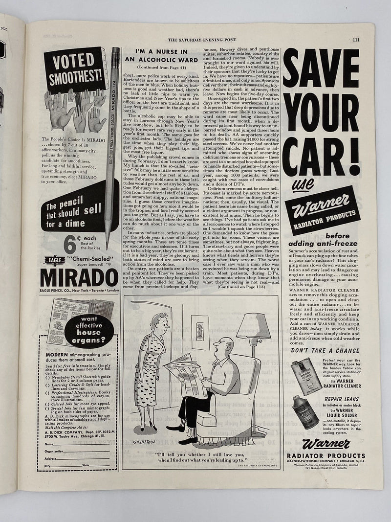 Saturday Evening Post - I’m a Nurse in an Alcoholic Ward - October 1952 Recovery Collectibles