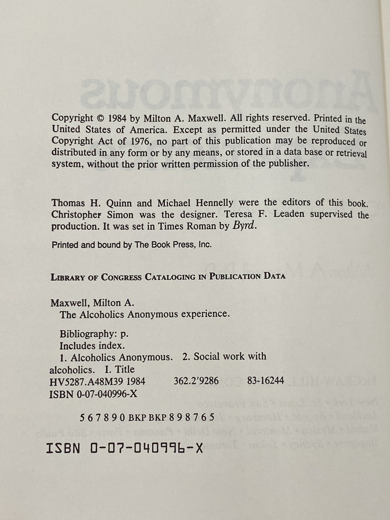 The AA Experience by Milton A. Maxwell Recovery Collectibles