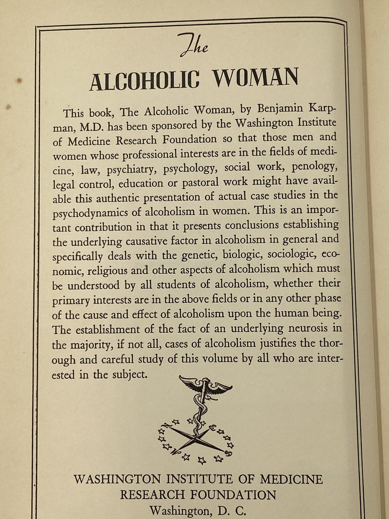 The Alcoholic Woman by Benjamin Karpman, M.D. Recovery Collectibles