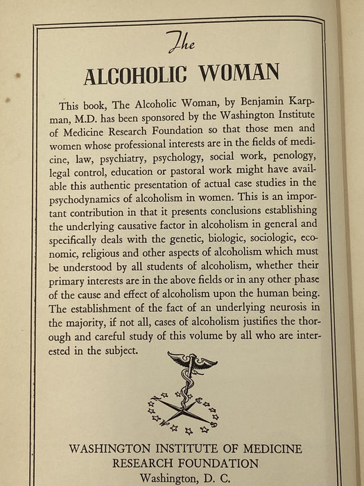 The Alcoholic Woman by Benjamin Karpman, M.D. Recovery Collectibles