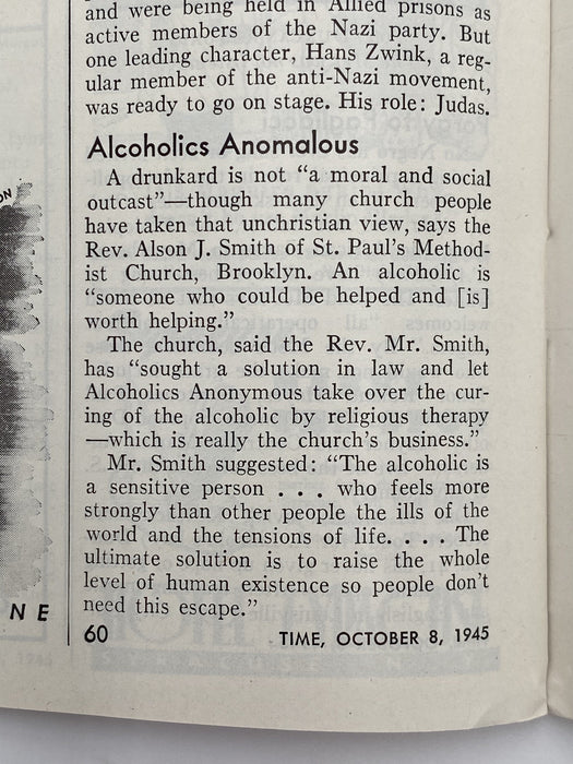 Time Magazine - Alcoholics Anomalous - October 1945 Recovery Collectibles