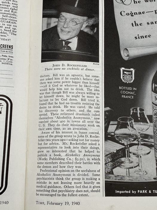 Time Magazine - Alcoholics Anonymous Rockefeller Dinner - February 1940 Recovery Collectibles