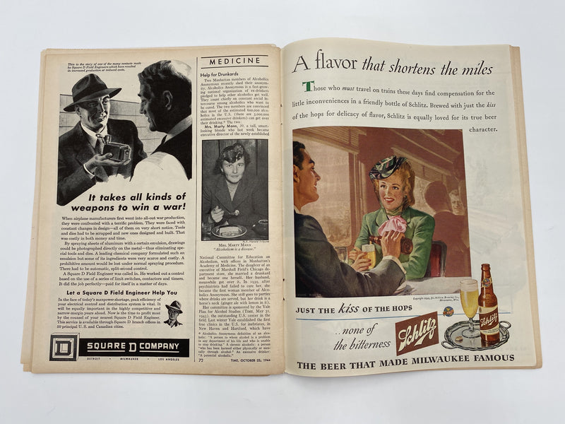 Time Magazine - Help for Drunkards - October 1944 Recovery Collectibles