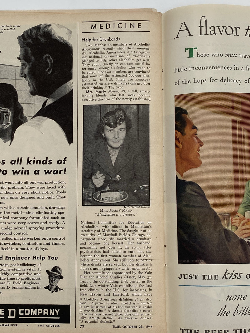 Time Magazine - Help for Drunkards - October 1944 Recovery Collectibles