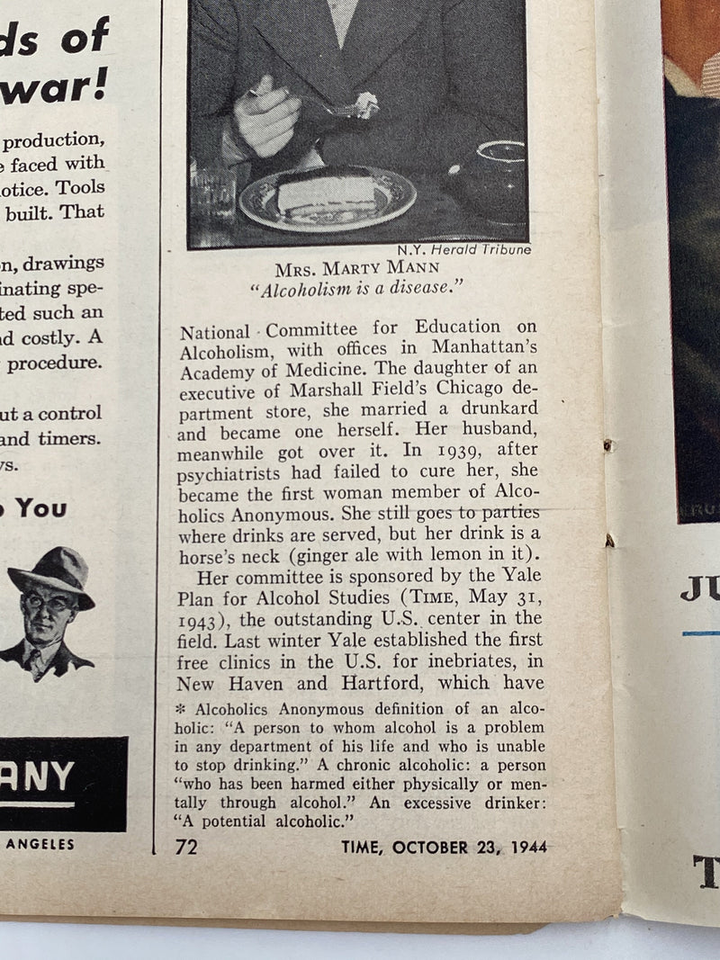 Time Magazine - Help for Drunkards - October 1944 Recovery Collectibles