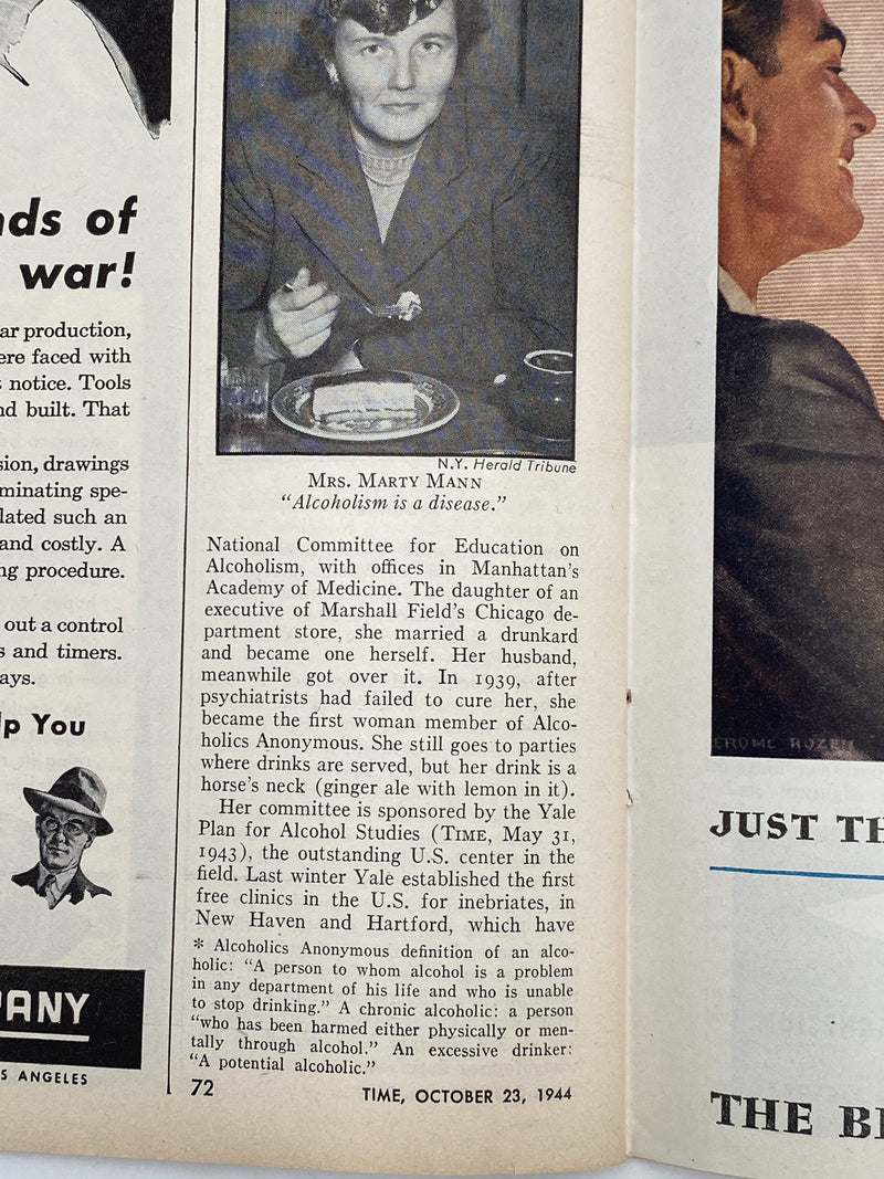 Time Magazine - Help for Drunkards - October 1944 Recovery Collectibles