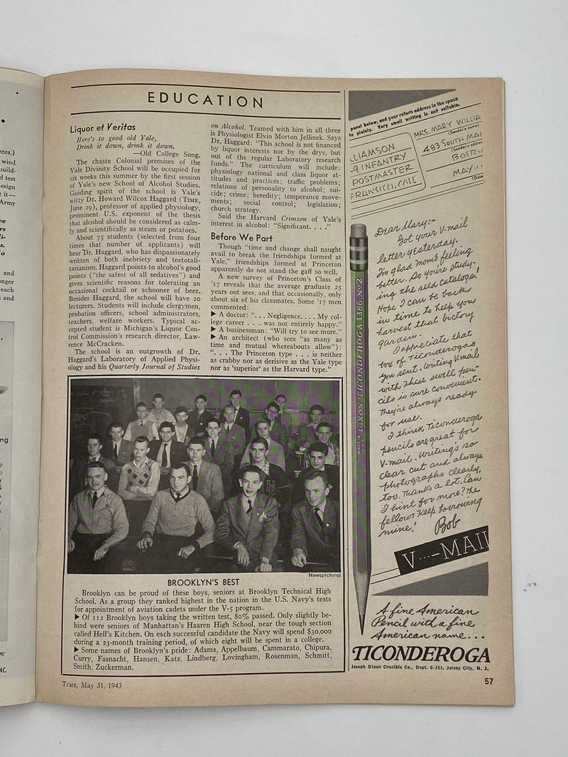 Time Magazine - Yale’s School of Alcohol Studies - May 1943 Recovery Collectibles