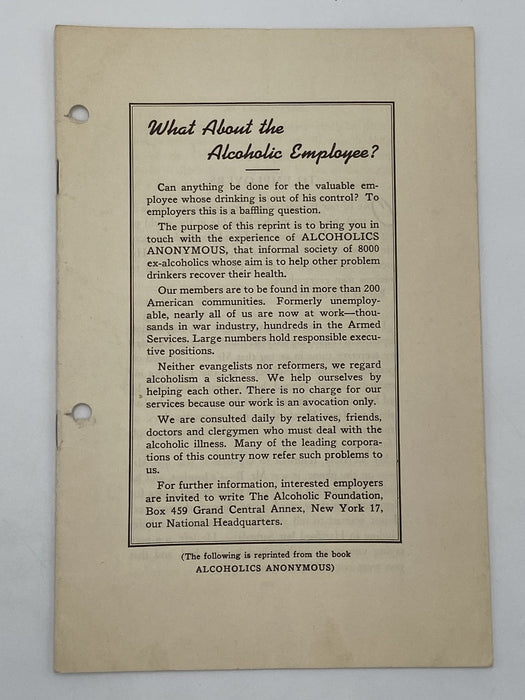What About the Alcoholic Employee? - AA Pamphlet Recovery Collectibles