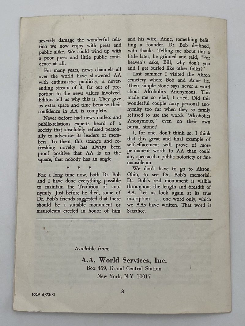 Why Alcoholics Anonymous is Anonymous by Bill W. - 1972 AA Pamphlet Recovery Collectibles
