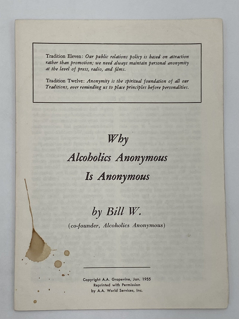 Why Alcoholics Anonymous is Anonymous by Bill W. - 1972 AA Pamphlet Recovery Collectibles