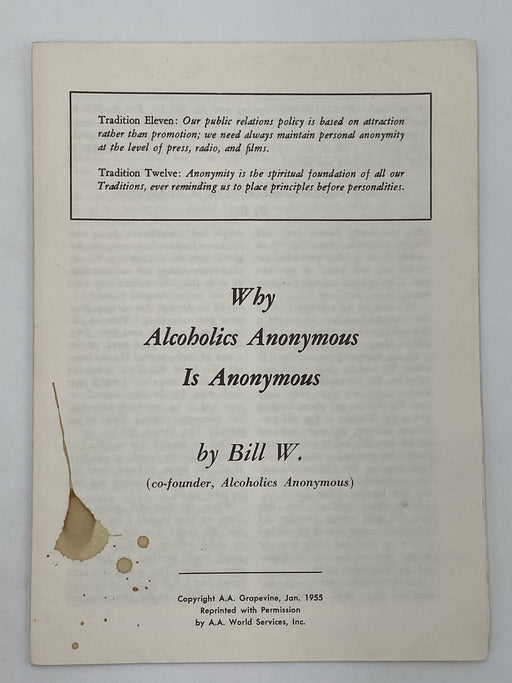 Why Alcoholics Anonymous is Anonymous by Bill W. - 1972 AA Pamphlet Recovery Collectibles