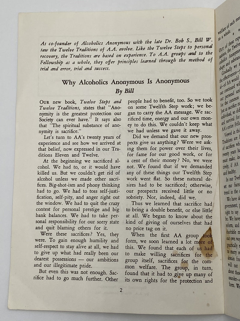 Why Alcoholics Anonymous is Anonymous by Bill W. - 1972 AA Pamphlet Recovery Collectibles