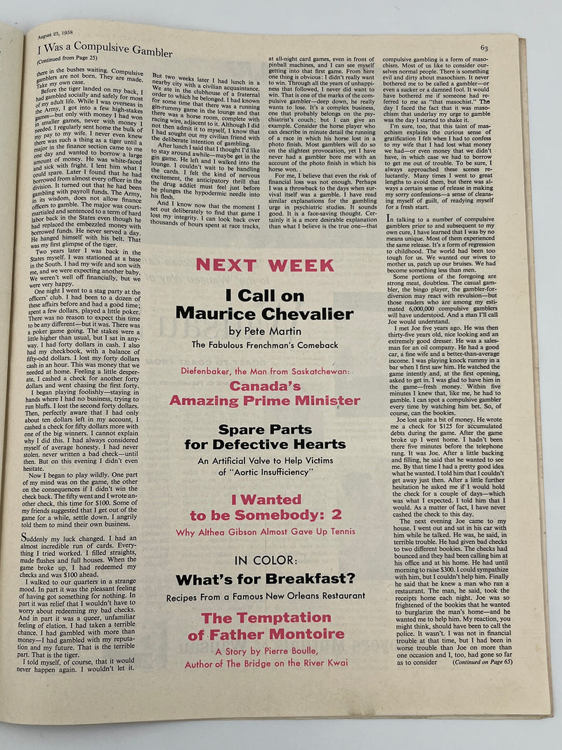 Saturday Evening Post from August 23, 1958 - I Was a Compulsive Gambler Recovery Collectibles