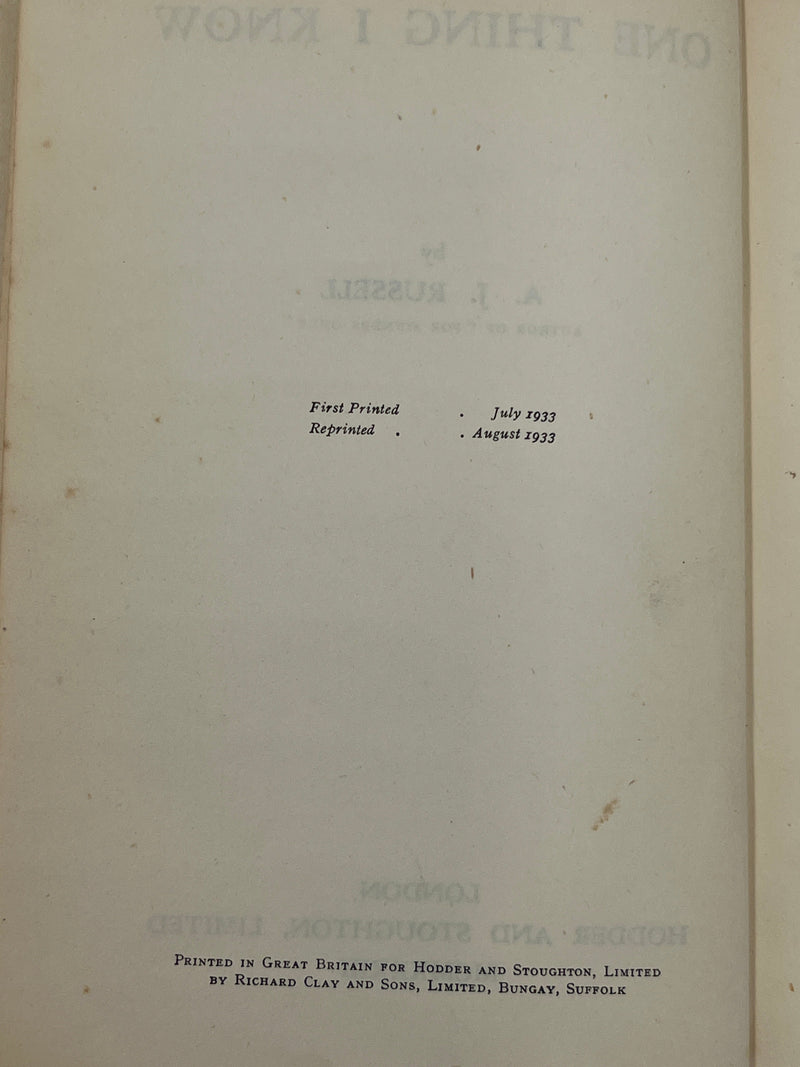 One Thing I Know by A.J. Russell - Second Printing 1933 Recovery Collectibles