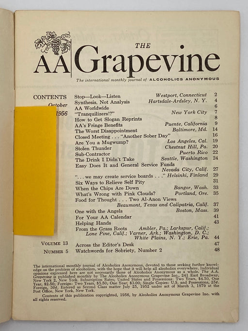 AA Grapevine October 1956 - Tranquilizers Alabama