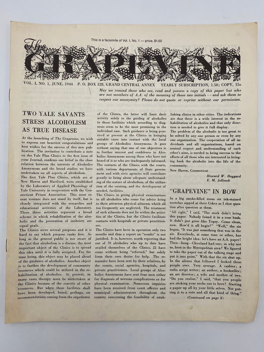 The A.A. GRAPEVINE - June 1944 - Facsimile Recovery Collectibles