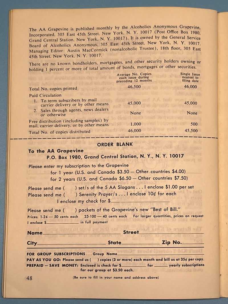 AA Grapevine - January 1966 - Trustees Program Recovery Collectibles