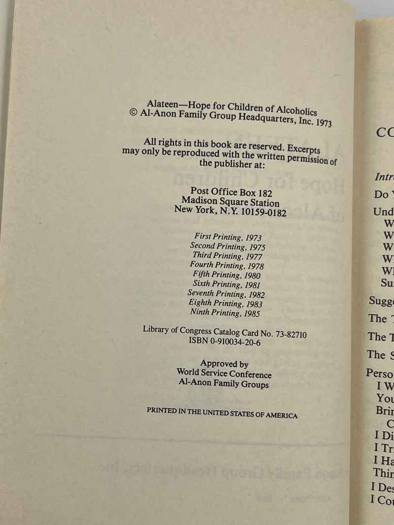 Alateen - Hope For Children of Alcoholics - 1985 Recovery Collectibles