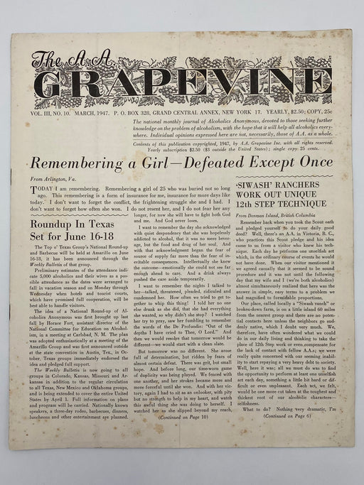 The A.A. GRAPEVINE March 1947 Recovery Collectibles