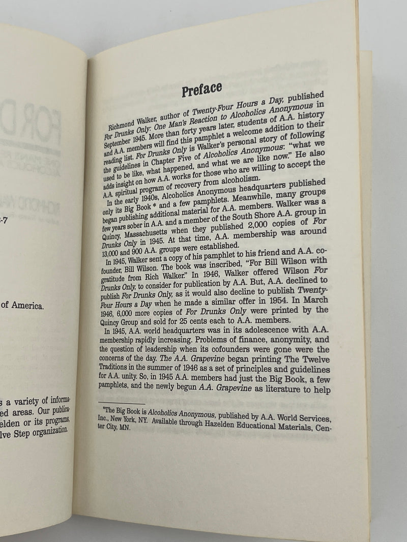 For Drunks Only by Richmond Walker from 1987 - Hazelden Printing Recovery Collectibles