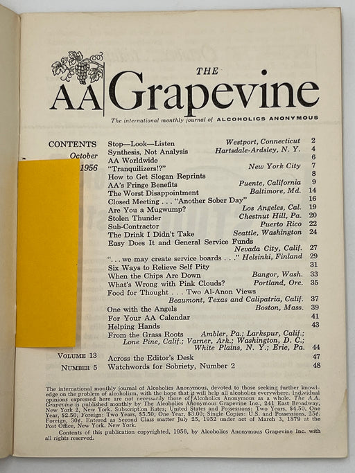 AA Grapevine from October 1956 - Tranquilizers Mark McConnell