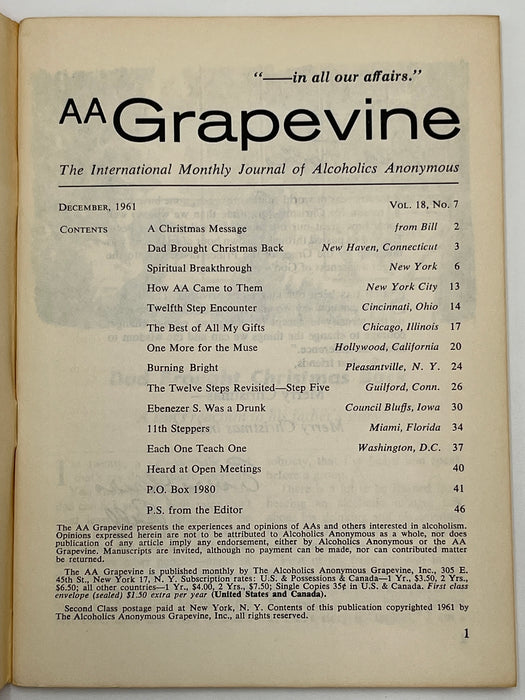 AA Grapevine from December 1961 - Christmas Message from Bill Mark McConnell